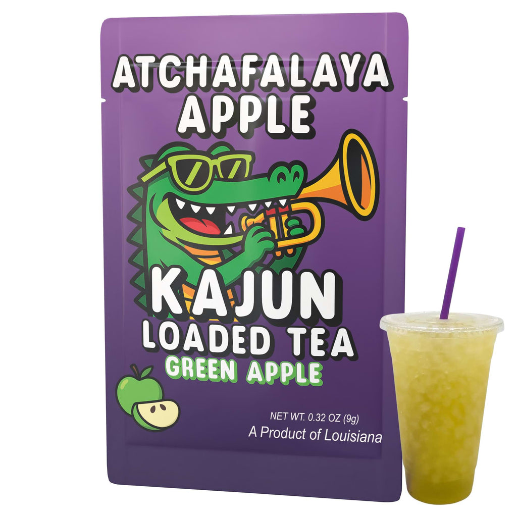 Purple package of Atchafalaya Apple Kajun Loaded Tea Green Apple with a cartoon alligator and a cup of tea. 