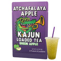 Purple package of Atchafalaya Apple Kajun Loaded Tea Green Apple with a cartoon alligator and a cup of tea. 