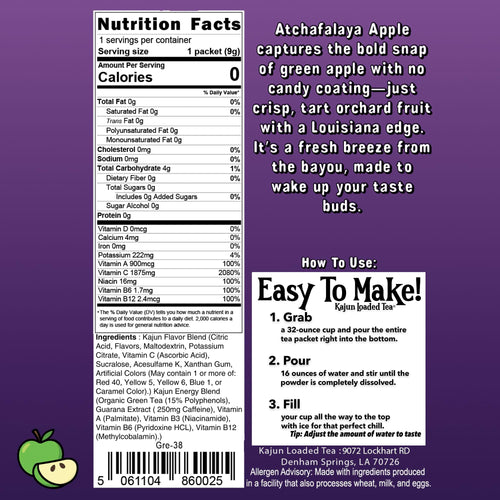 Nutrition facts label and product description on a purple background.
