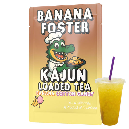Banana Foster Kajun Loaded Tea Package with a cartoon alligator and a cup of tea. Flavors listed are Banana and Cotton Candy. 