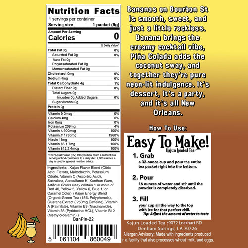 Detailed product shot of the Kajun Loaded Tea packet, focusing on the Nutrition Facts and usage information. The background is a bright yellow-gold, fading to brown.
