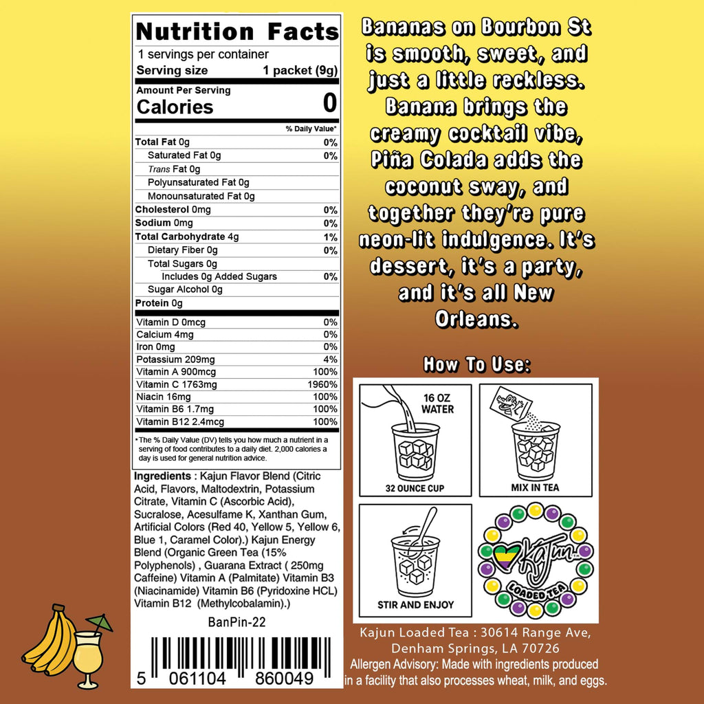 Detailed product shot of the Kajun Loaded Tea packet, focusing on the Nutrition Facts and usage information. The background is a bright yellow-gold, fading to brown. 