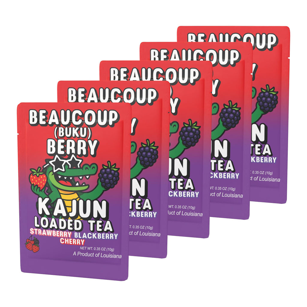 Product photo showing a group of five Beaucoup Berry packets fanned out. The front packet shows the alligator mascot with star-shaped sunglasses, holding a strawberry and a blackberry, with the Strawberry,  Blackberry, and Cherry flavor clearly marked.