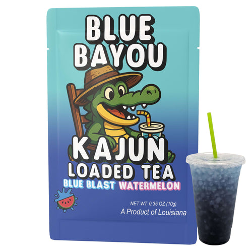  Image of a single Blue Bayou packet (featuring the seated alligator mascot) next to a clear cup of the prepared, dark blue loaded tea.