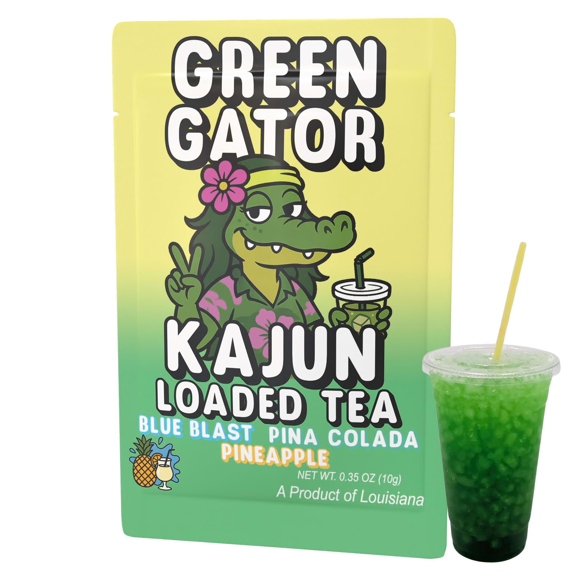 Image of the single Green Gator packet (with the Hawaiian-themed alligator) placed next to a clear cup of the prepared, intensely green-colored loaded tea.