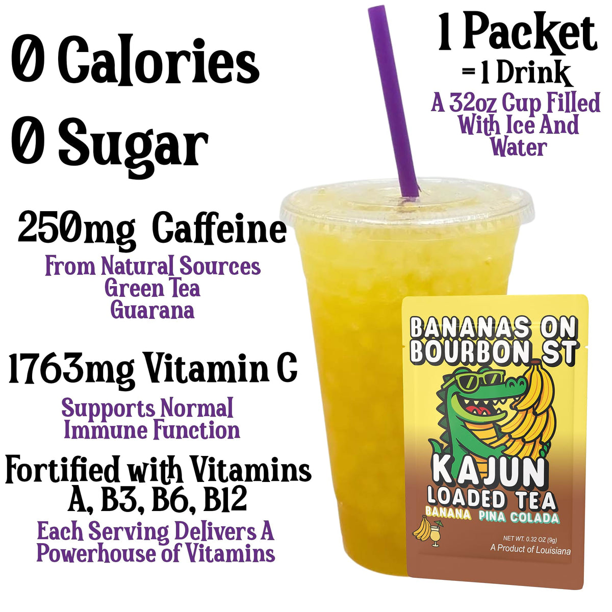 Kajun Loaded Tea Bananas on Bourbon St Packet with a cup of tea and text about its nutritional benefits. 