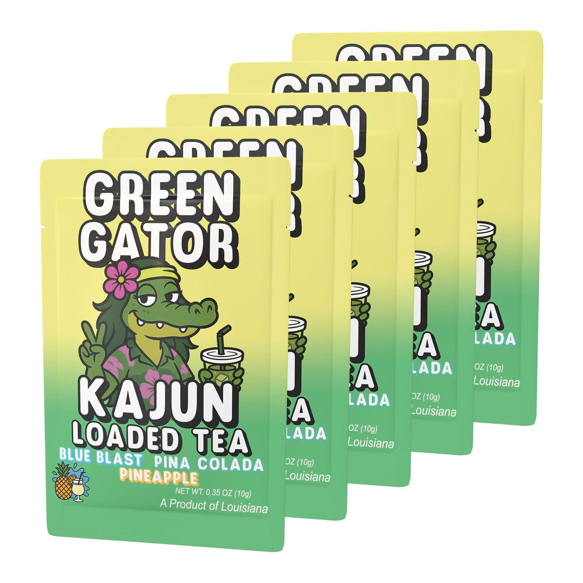 A product shot of five Green Gator packets fanned out. 