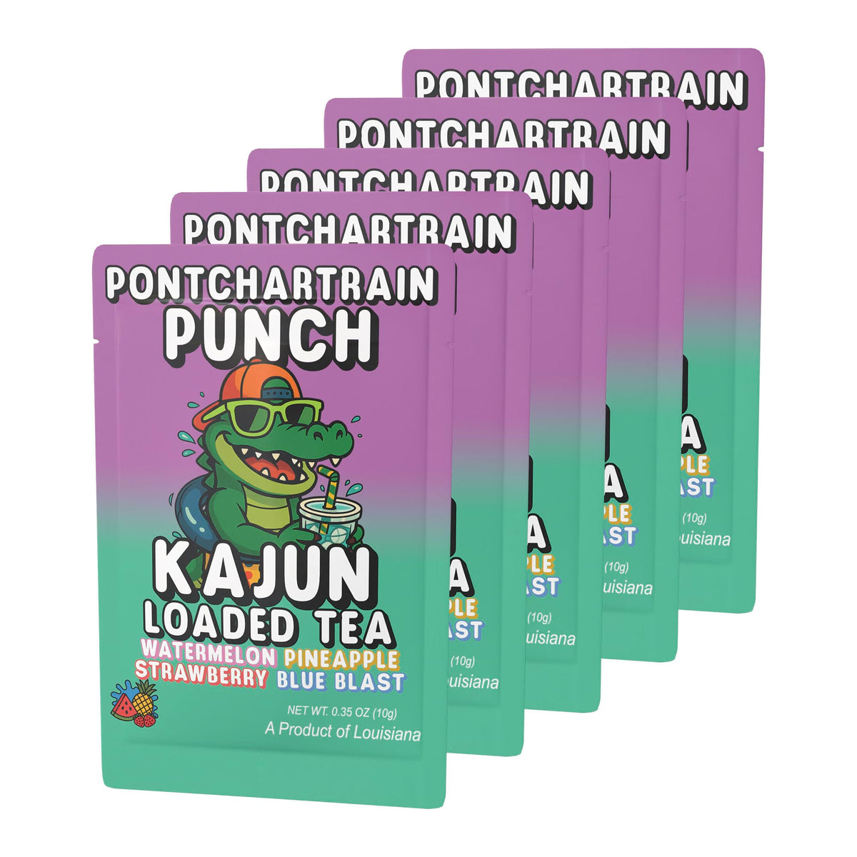 Five packets of Pontchartrain Punch stacked in a retail display, featuring the alligator mascot in a life preserver and backwards cap, enjoying a drink.