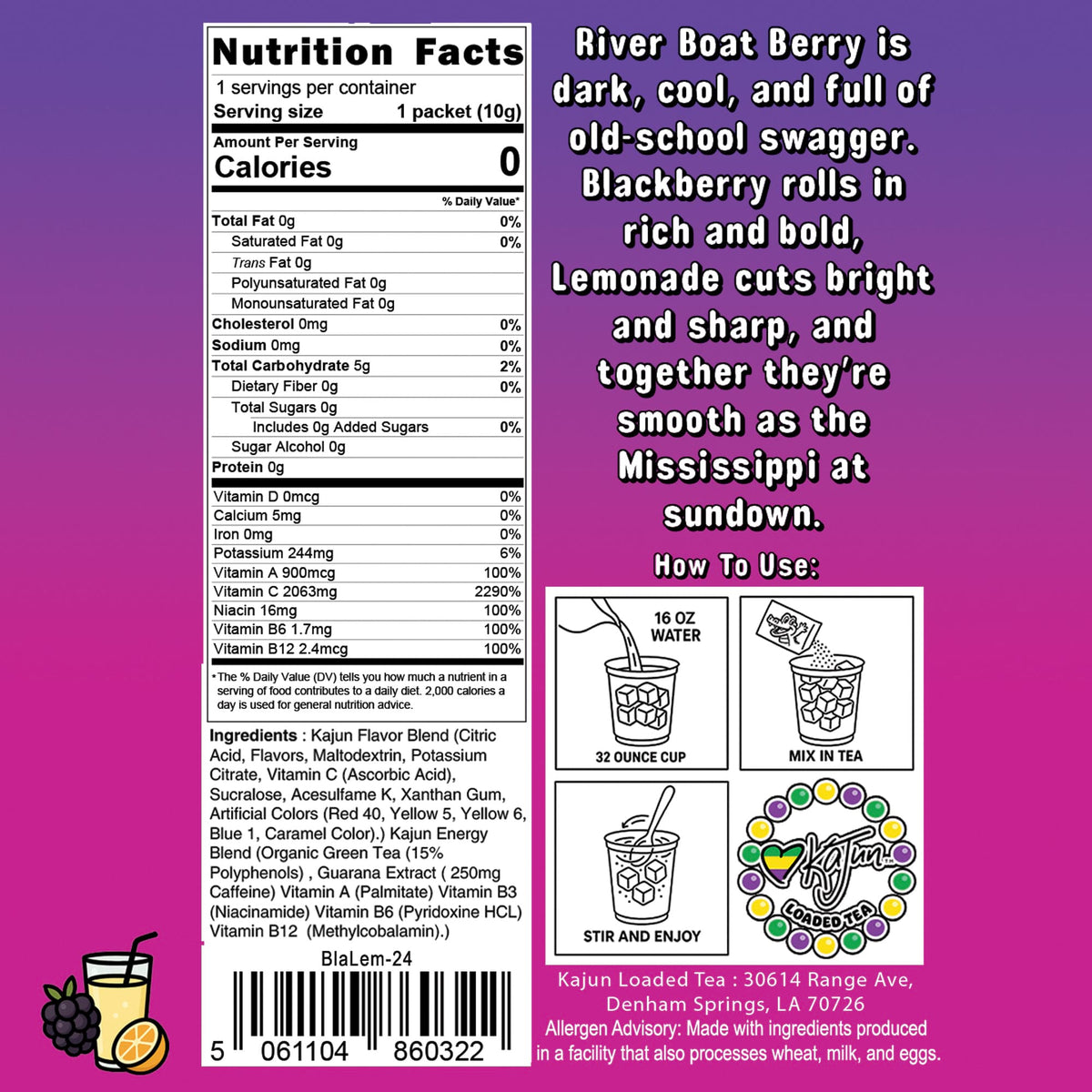 Nutrition Facts panel confirms 0 Calories, 0 Sugar, 2063mg Vitamin C, and contains instructions and flavor text for the Blackberry Lemonade loaded tea.