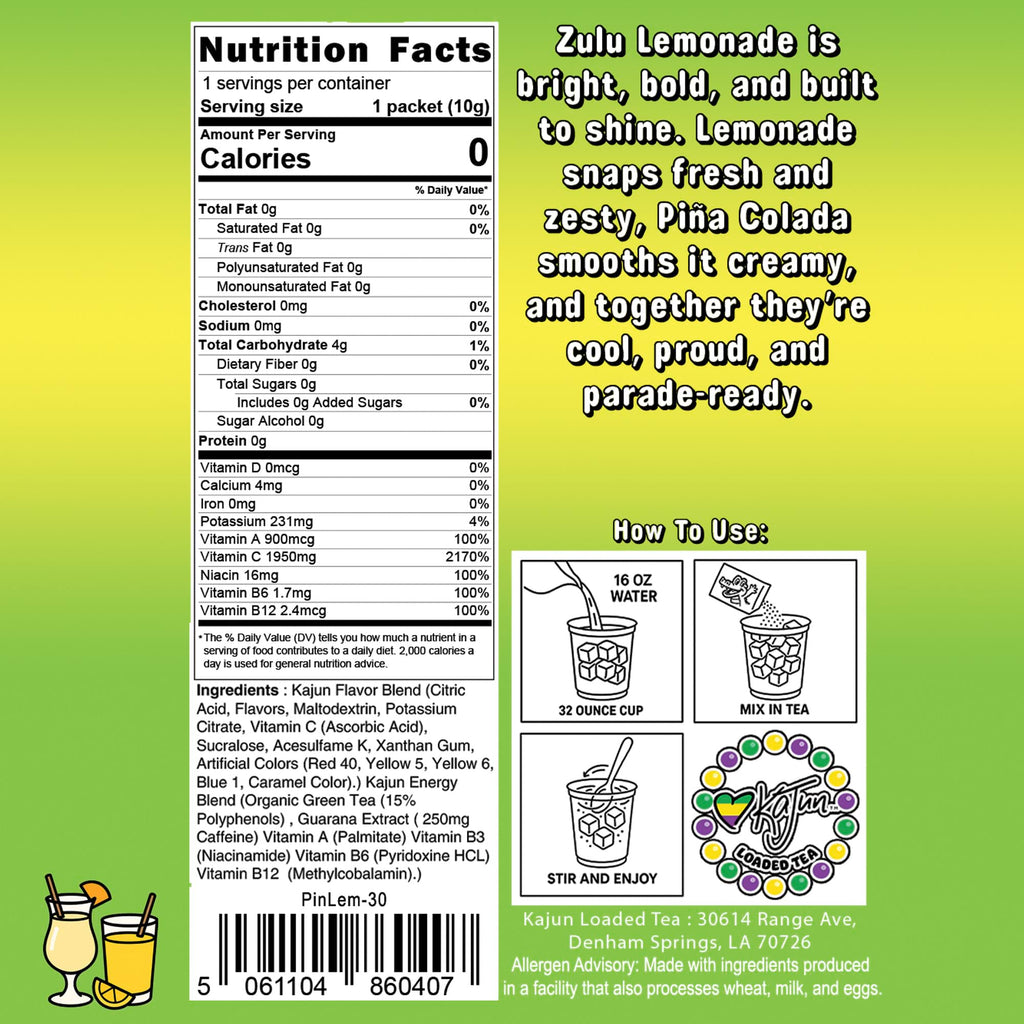 Nutrition Facts panel confirms 0 Calories, 0 Sugar, 1950mg Vitamin C, and contains instructions and flavor text for the Piña Colada Lemonade loaded tea.