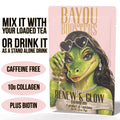 Bayou Boosters drink mix package with a green character on a pink background
