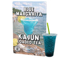 Blue Margarita Kajun Loaded Tea packaging with a beach scene and a cup of blue tea.