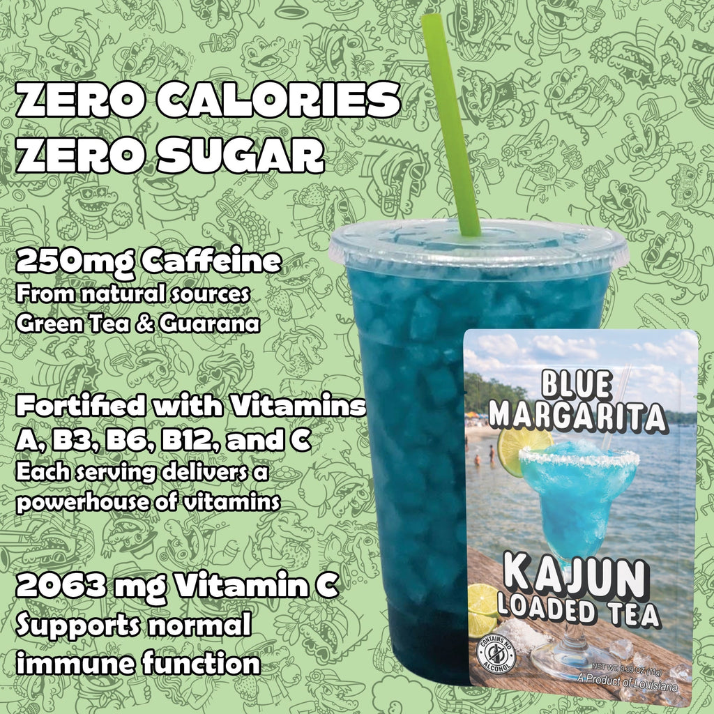 Blue Margarita Kajun Loaded Tea with nutritional information on a green background