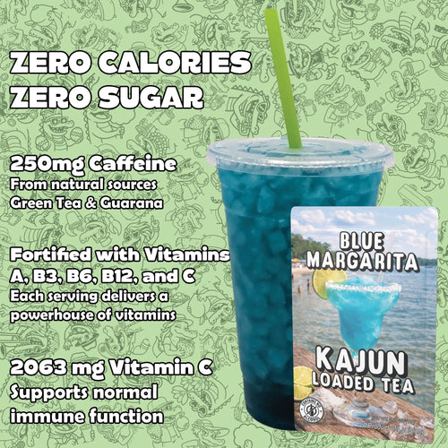 Blue Margarita Kajun Loaded Tea with nutritional information on a green background