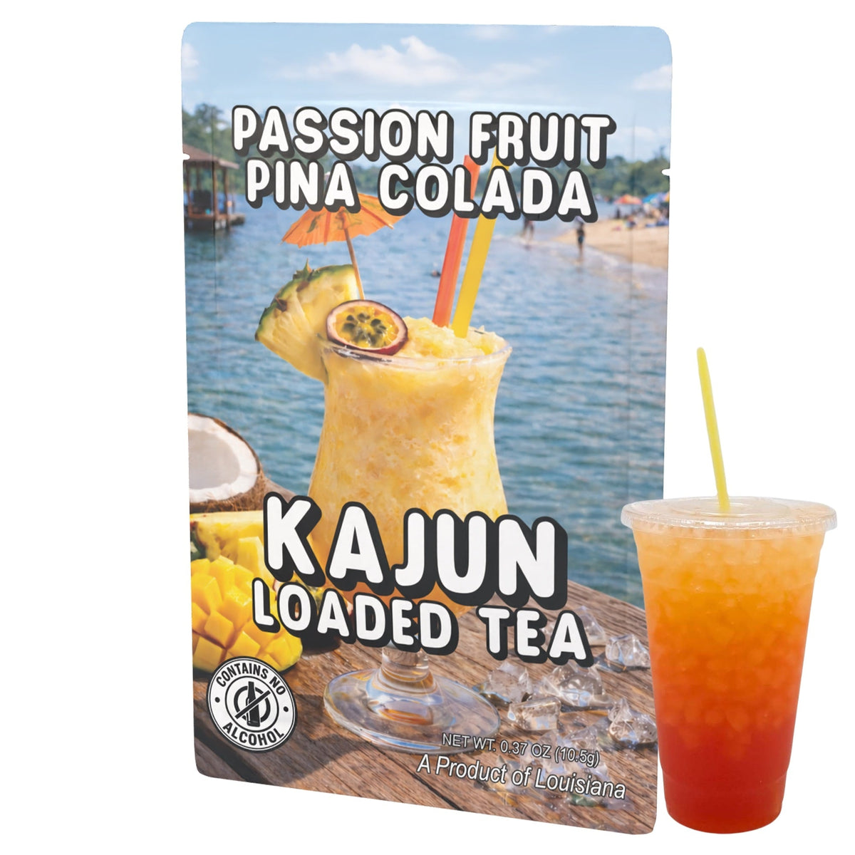 Kajun Loaded Tea Passion Fruit Pina Colada packaging with a drink and tropical scene.