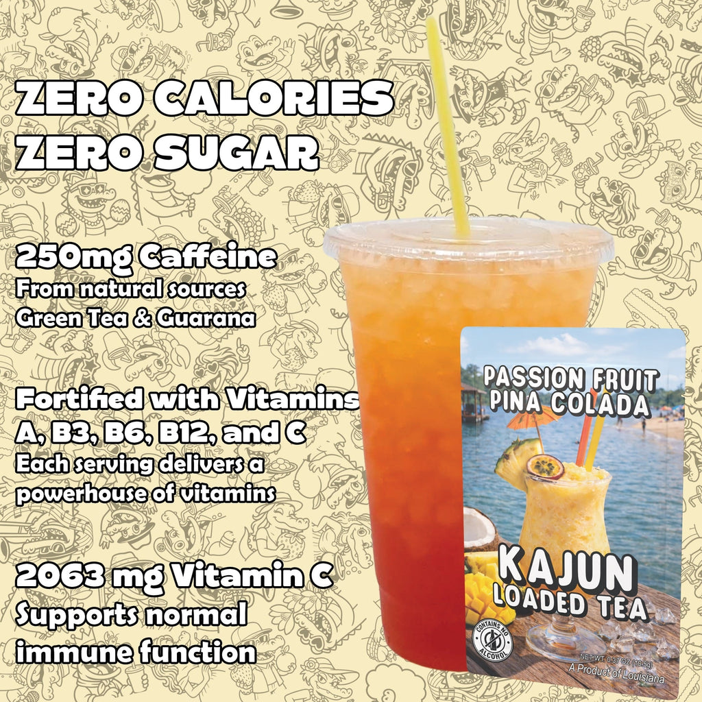 Kajun Loaded Tea Passion Fruit Pina Colada with nutritional information on a decorative background