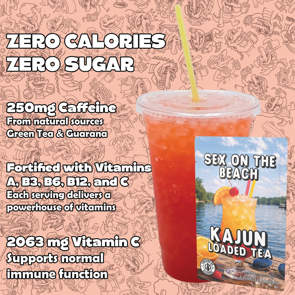 Kajun Loaded Tea packaging with a drink and text about caffeine, vitamins, and sugar content on a patterned background.