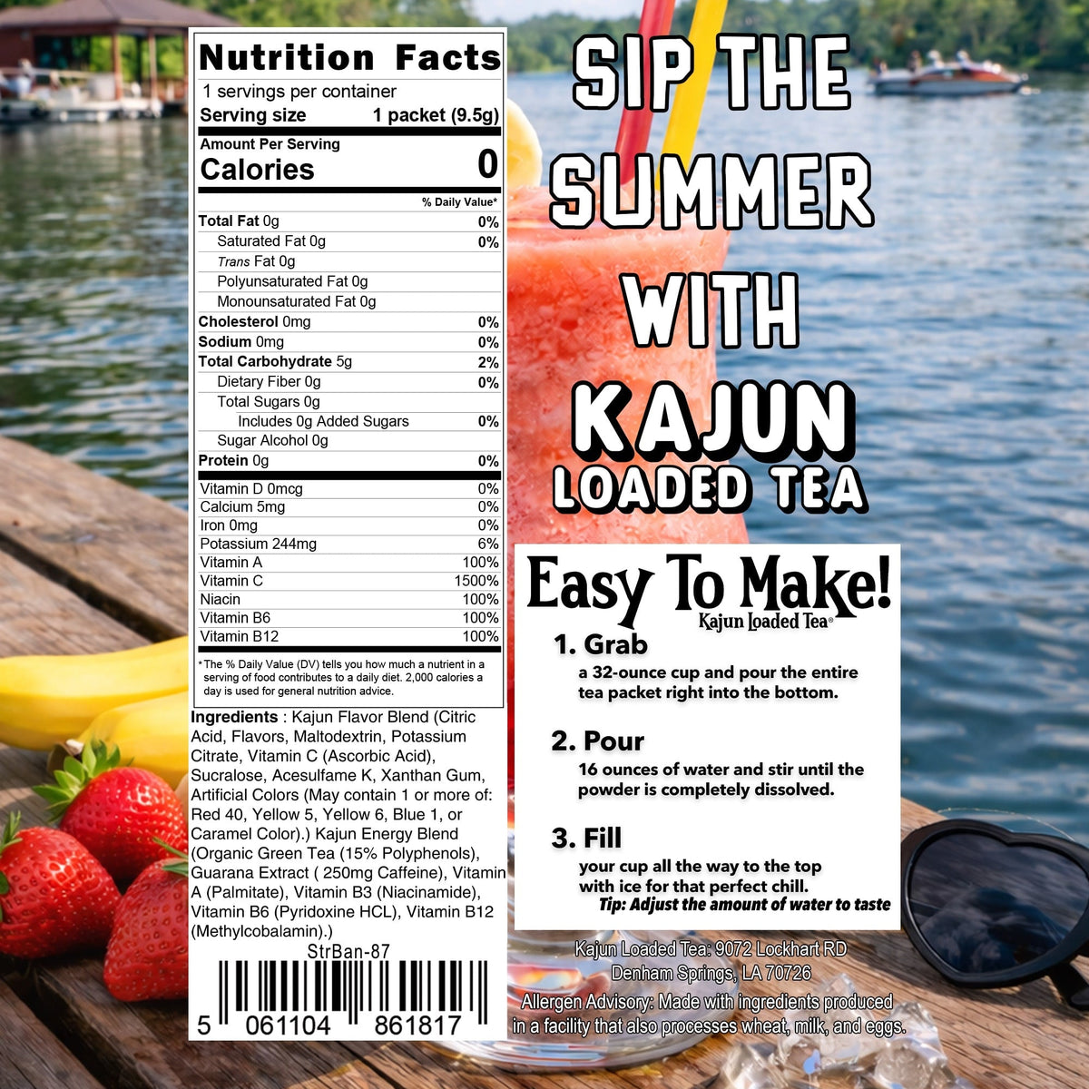Nutrition label for Kajun Loaded Tea with a scenic background of a lake and dock.